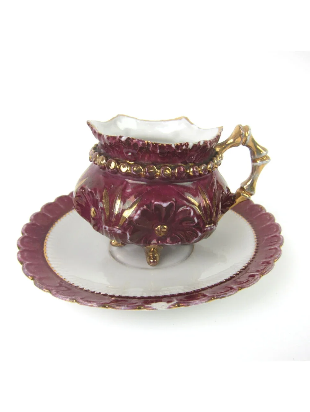 Antique Porcelain Footed Tea Cup & Saucer Set Burgundy & Gold Floral Demitasse